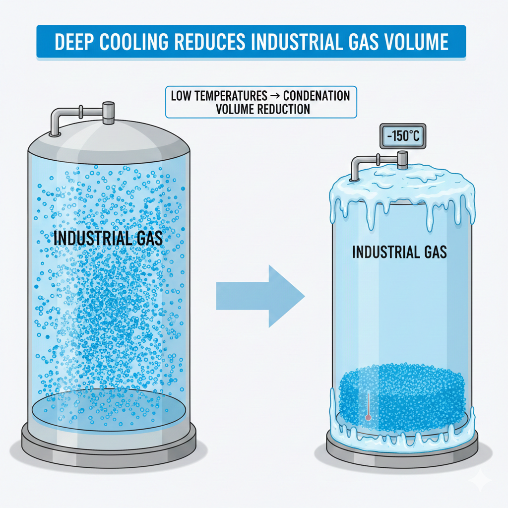 Ảnh minh họa quá trình làm lạnh sâu làm giảm thể tích khí công nghiệp